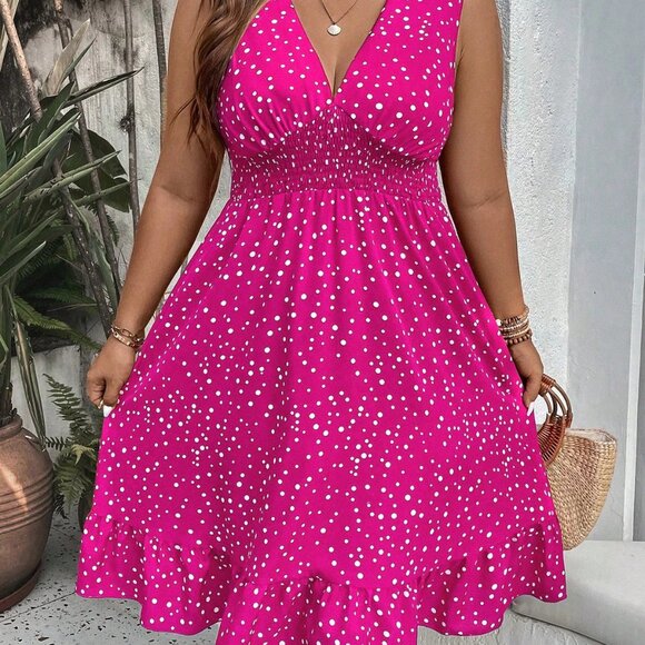 Shein Hot Pink Polka Dot Dress With Ruffle Hem Womens Plus Size 1XL NWOT - Picture 1 of 10
